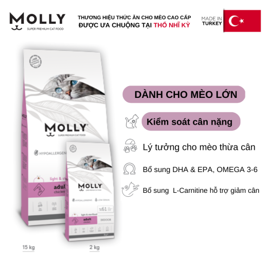 Hạt cho mèo trưởng thành vị gà hổ trợ kiểm soát cân nặng Molly 2kg